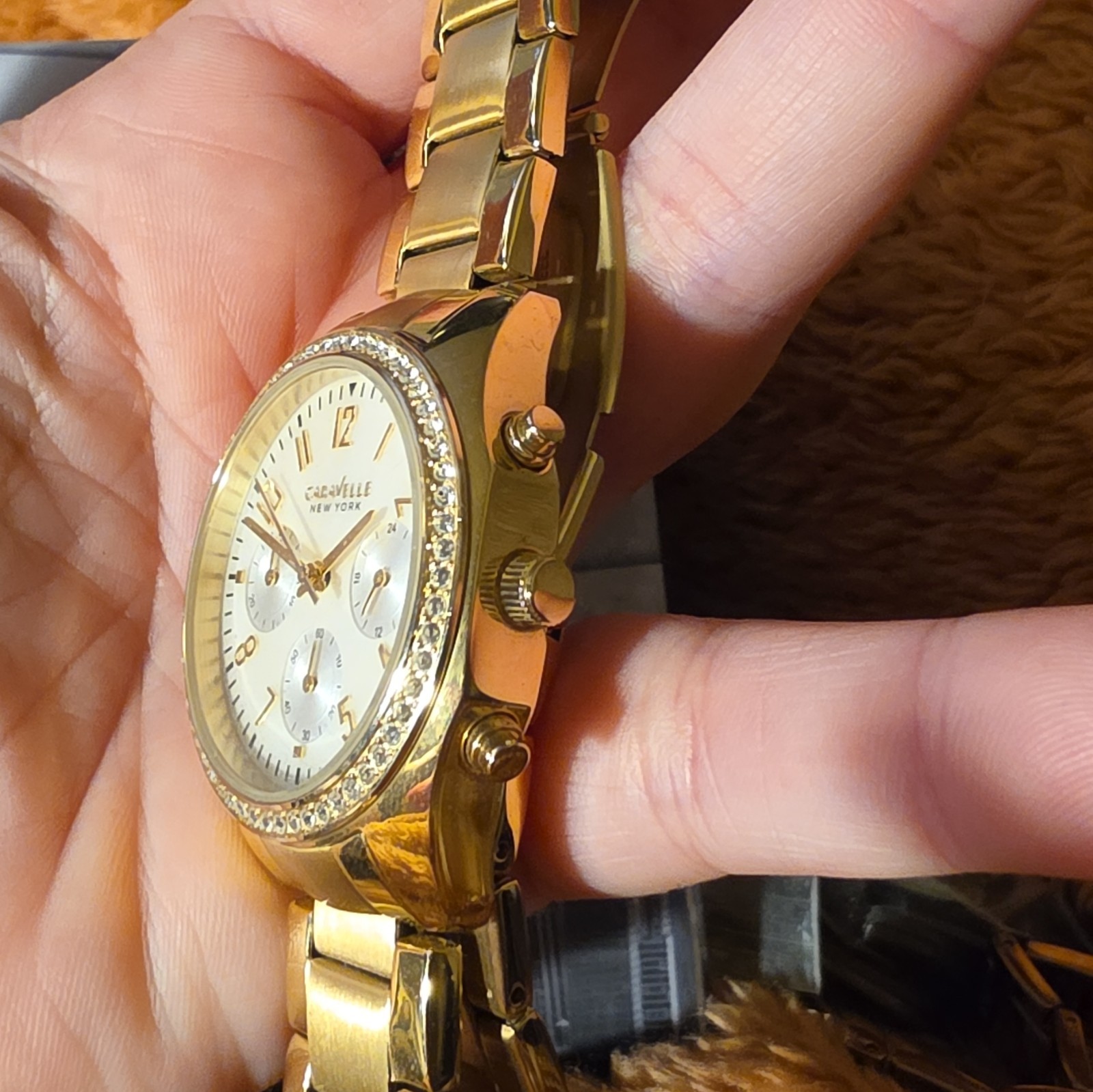 Caravelle New York Women’s Gold Tone Quartz Watch Crystal Bezel Bracelet