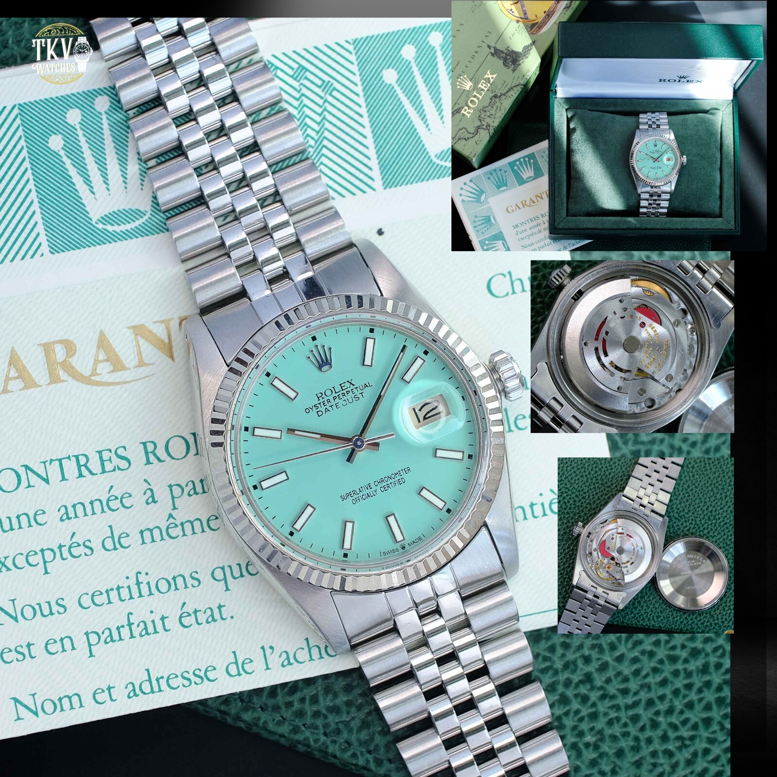 Rolex Datejust Blue Index Dial 18KW Fluted Jubilee Watch Original Box & Paper